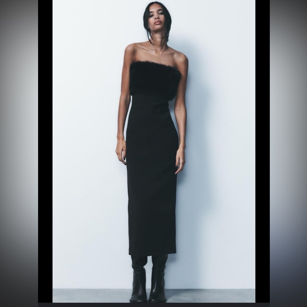 ZARA CONTRASTING FAUX FUR MIDI DRESS